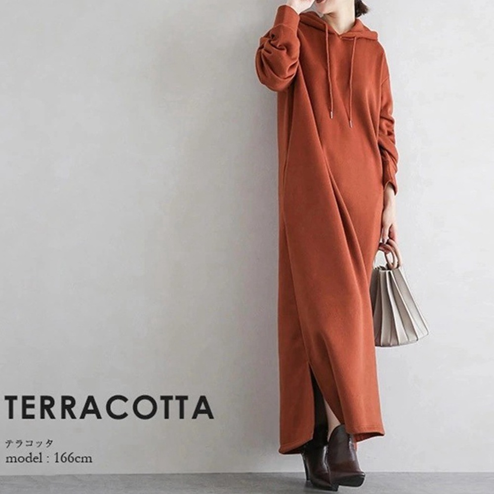 純色簡約長款開叉寬鬆連帽衛衣連衣裙