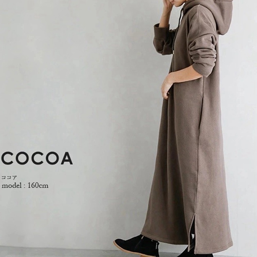 純色簡約長款開叉寬鬆連帽衛衣連衣裙