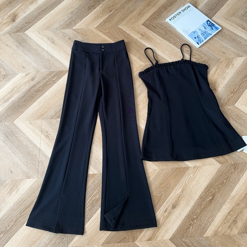 夏季無袖吊帶上衣黑色開叉休閒褲