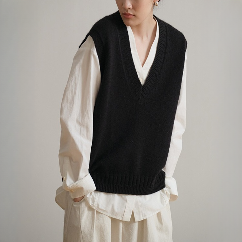 經典百搭V領背心黑色顯瘦針織馬甲