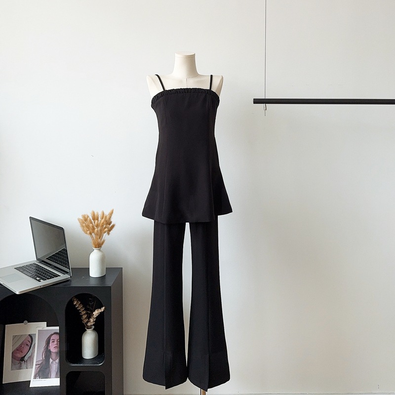 夏季無袖吊帶上衣黑色開叉休閒褲