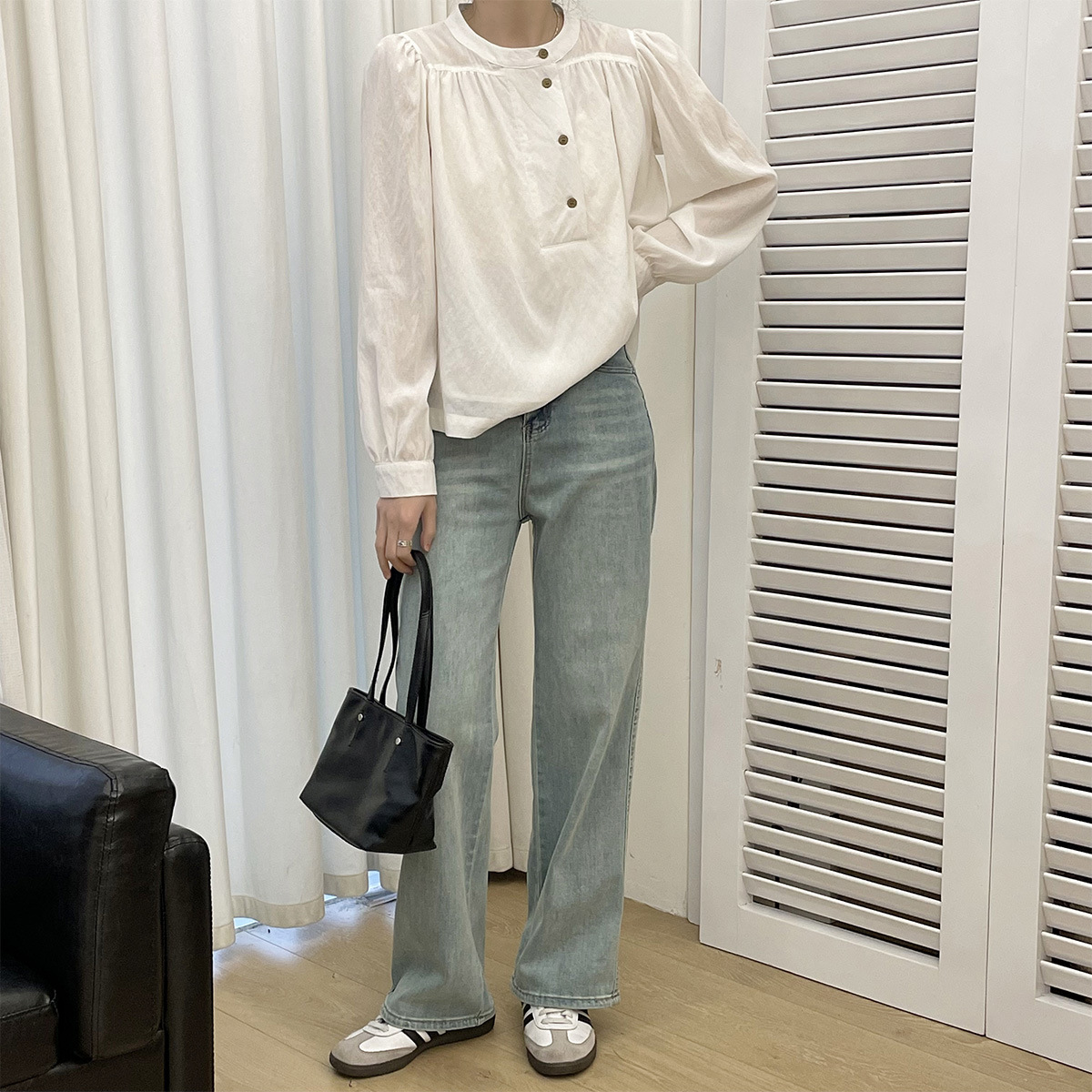 法式氣質圓領套頭泡泡袖襯衫