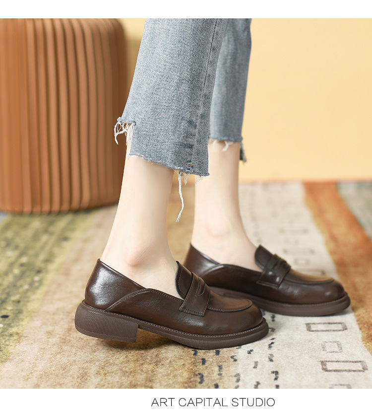 全牛皮樂福鞋真皮一腳蹬平底復古小皮鞋