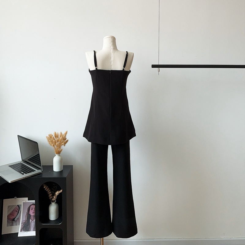 夏季無袖吊帶上衣黑色開叉休閒褲