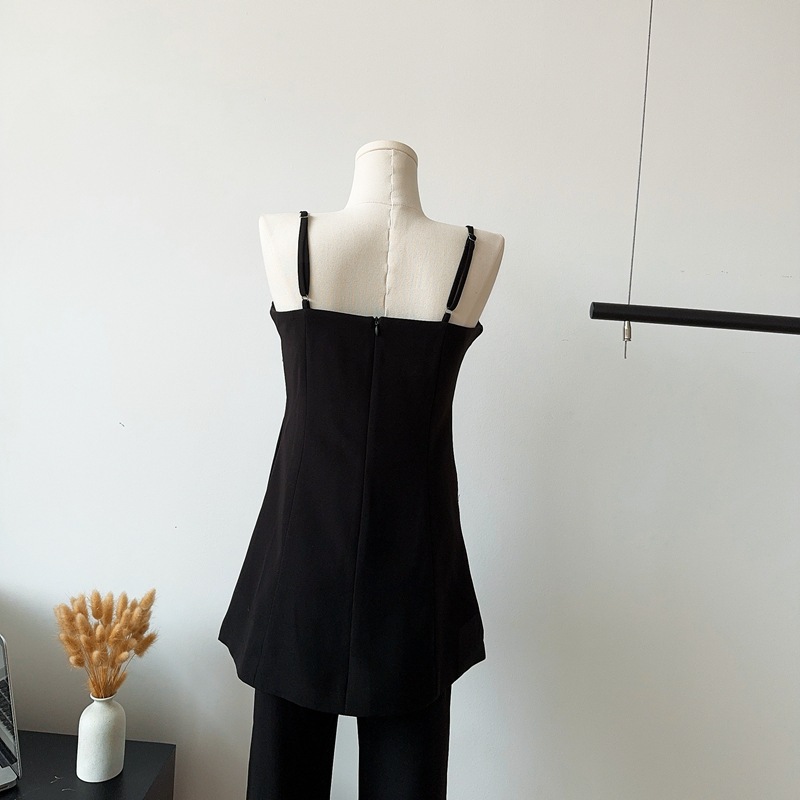 夏季無袖吊帶上衣黑色開叉休閒褲