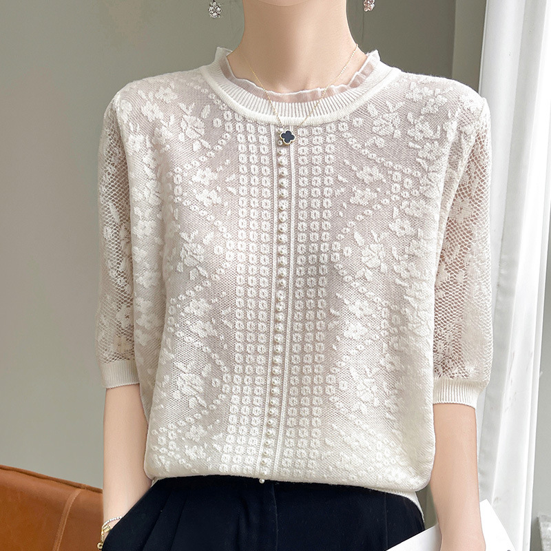 甜美減齡蕾絲木耳邊鏤空冰絲針織短袖t卹