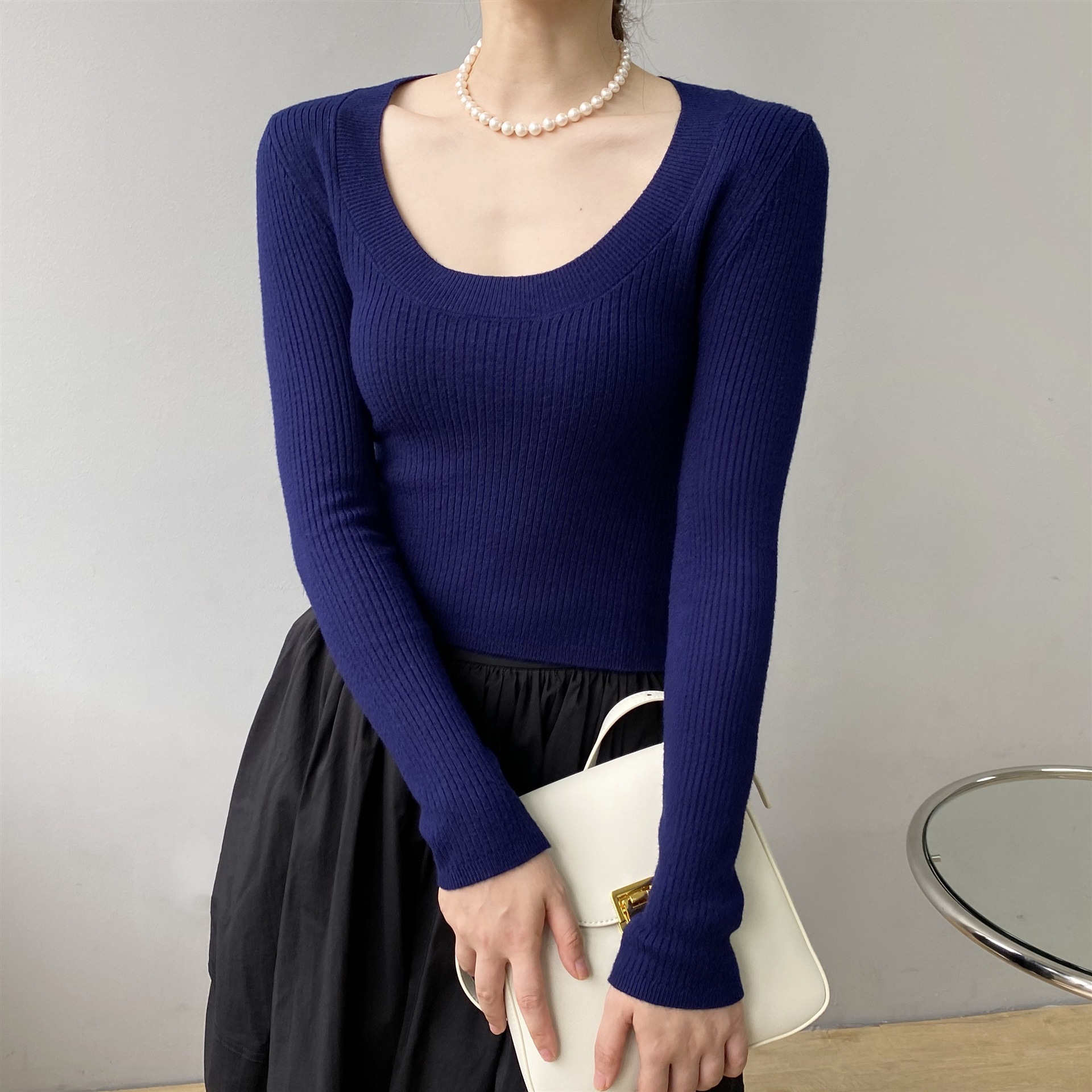 優雅坑條圓領薄款上衣針織內搭打底衫