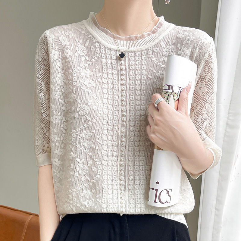 甜美減齡蕾絲木耳邊鏤空冰絲針織短袖t卹