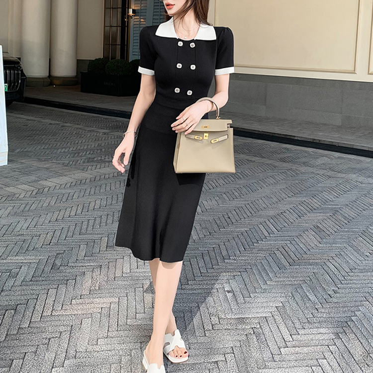 小香風翻領高腰A字裙赫本風撞色冰絲針織洋裝