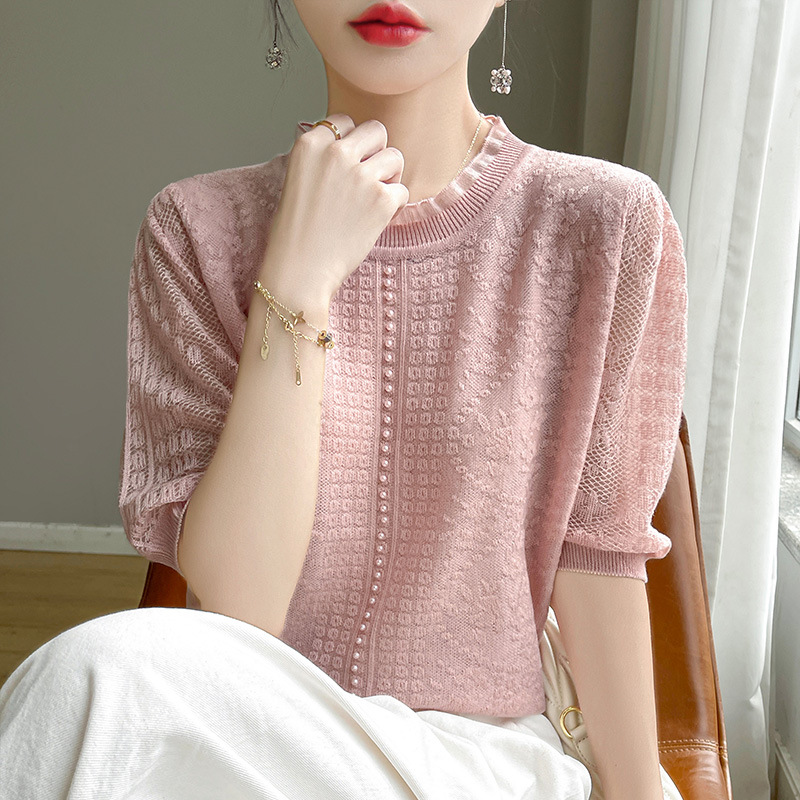 甜美減齡蕾絲木耳邊鏤空冰絲針織短袖t卹