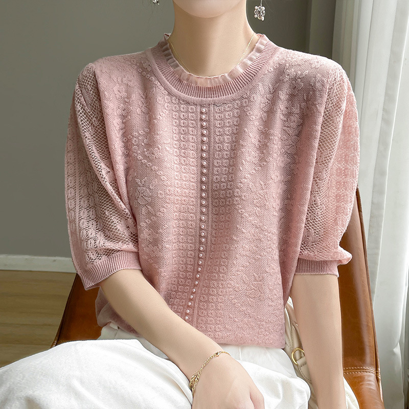 甜美減齡蕾絲木耳邊鏤空冰絲針織短袖t卹