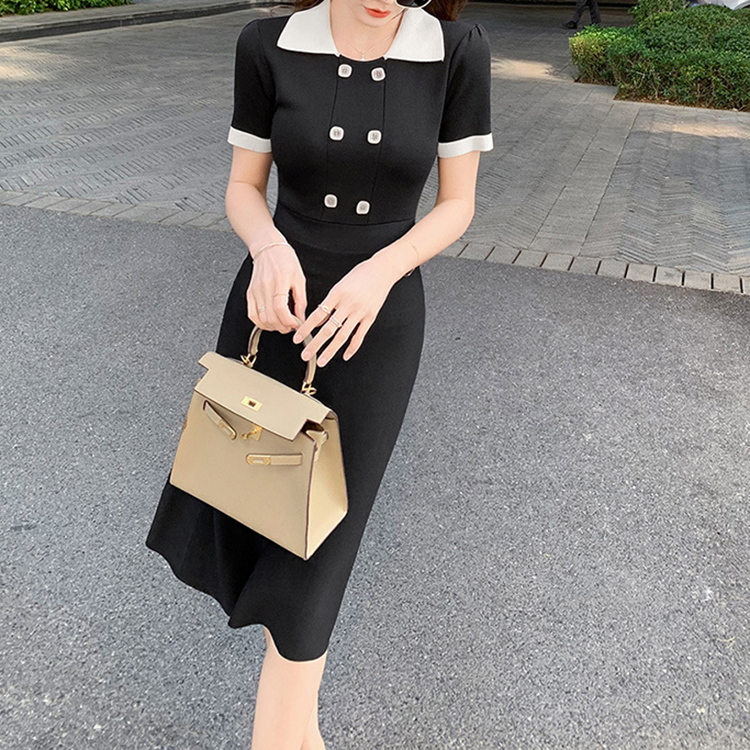 小香風翻領高腰A字裙赫本風撞色冰絲針織洋裝