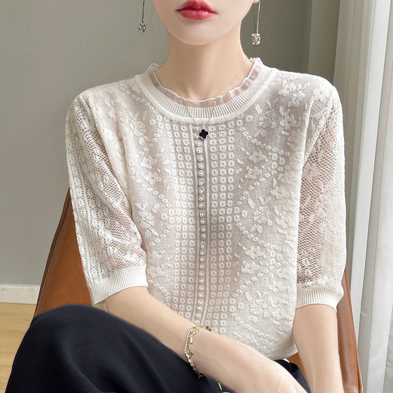 甜美減齡蕾絲木耳邊鏤空冰絲針織短袖t卹