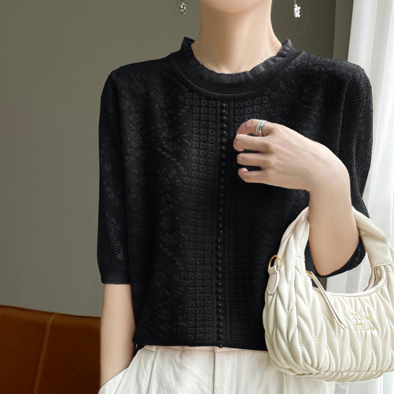 甜美減齡蕾絲木耳邊鏤空冰絲針織短袖t卹