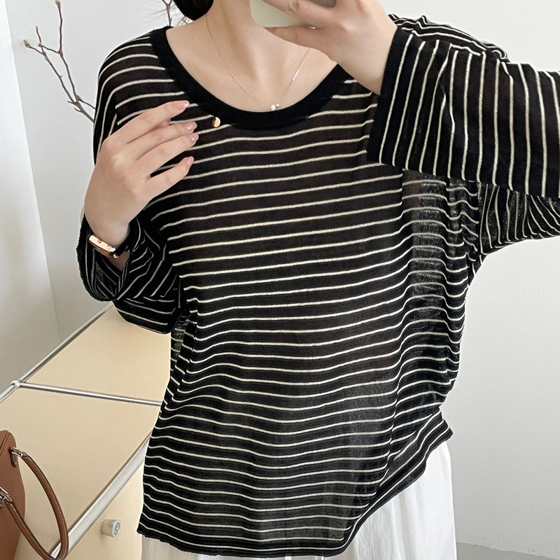 韓國版寬鬆圓領百搭條紋防曬罩衫針織衫