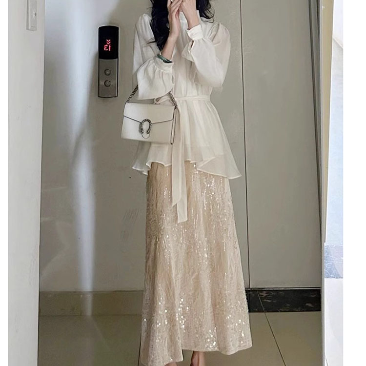 韓繫穿搭一整套時尚鹽繫襯衫+小香風亮片裙子套裝