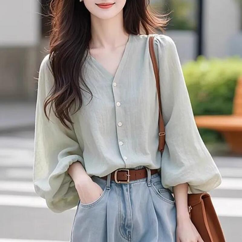 法式氣質漂亮超好看V領雪紡襯衫