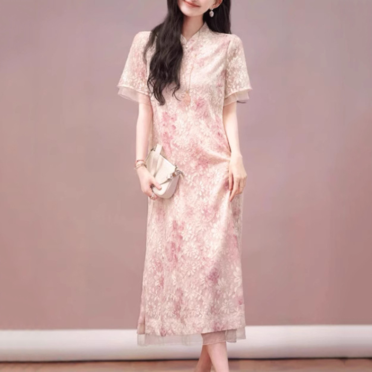 國風改良旗袍彩繡蕾絲氣質顯瘦連身裙