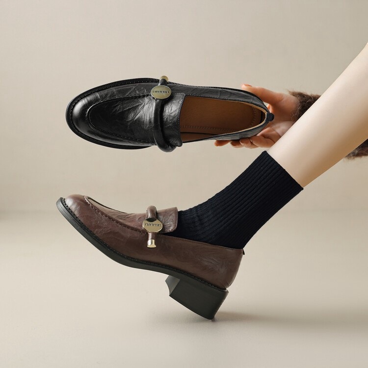 法式粗跟通勤百搭軟底樂福鞋