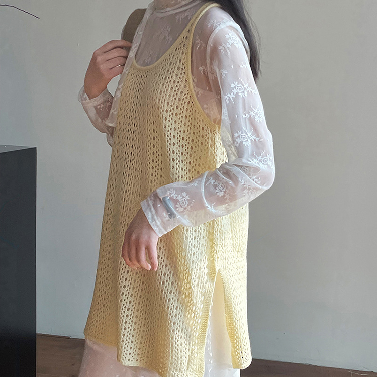 韓系U領鏤空背心式洋裝女疊穿側開叉針織罩衫