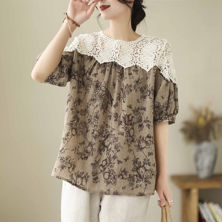 復古棕色碎花拼接蕾絲上衣文藝減齡氣質短袖