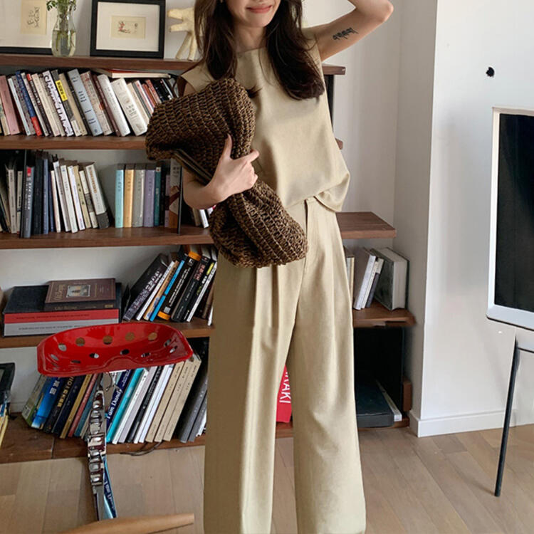 夏無袖墊肩T恤/簡約長褲（規格可選）