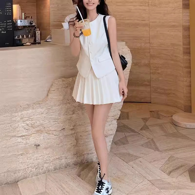 學院風兩件套裝裙小香風馬甲+時尚百褶短裙
