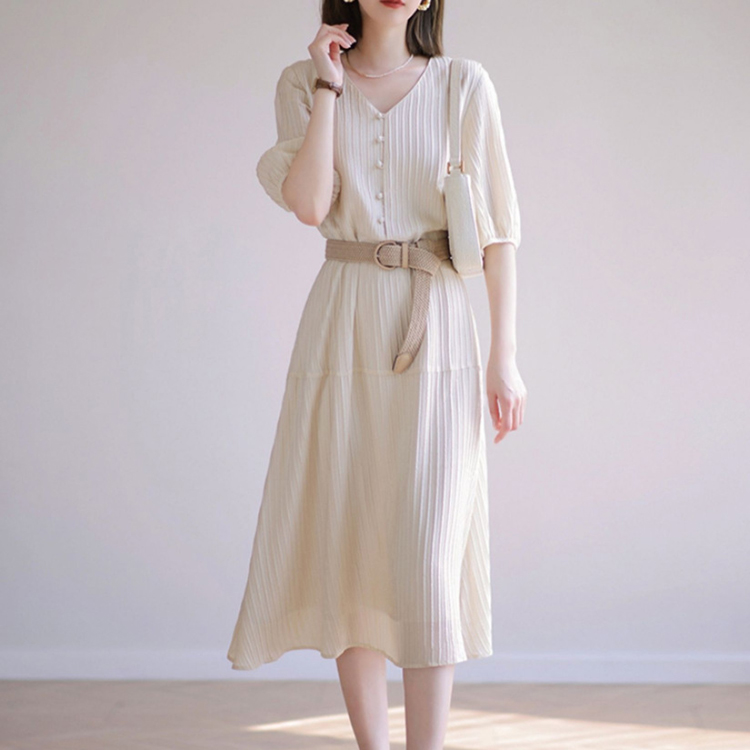 優雅知性高級感V領高腰顯瘦連身裙