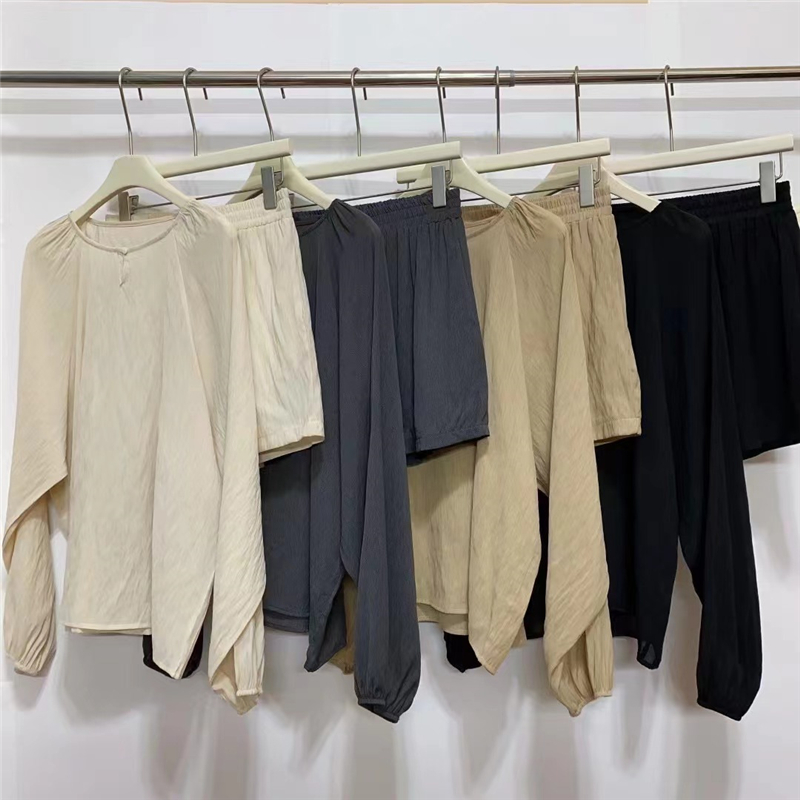 休閒舒適防曬襯衫+高腰寬褲套裝(4色）