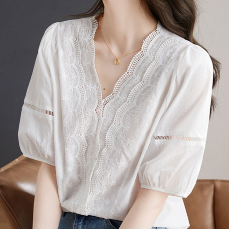 法式V領蕾絲刺繡白色短袖襯衫