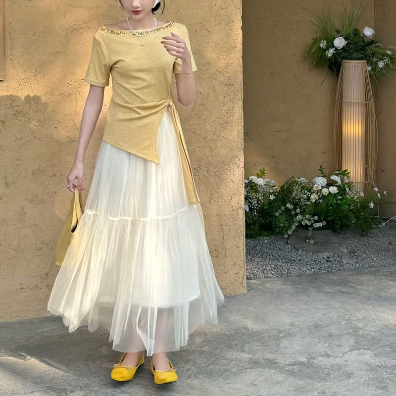 設計感時尚一字肩亮片T卹+淑女網紗公主半身裙套裝