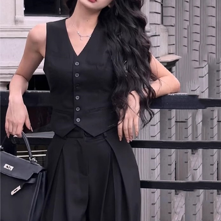 通勤時尚套裝修身顯瘦坎肩V領背心馬甲+高腰氣質闊腿褲