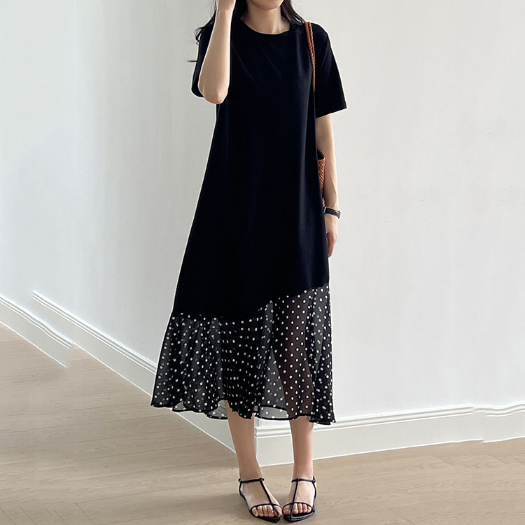法式拼接波點魚尾洋裝