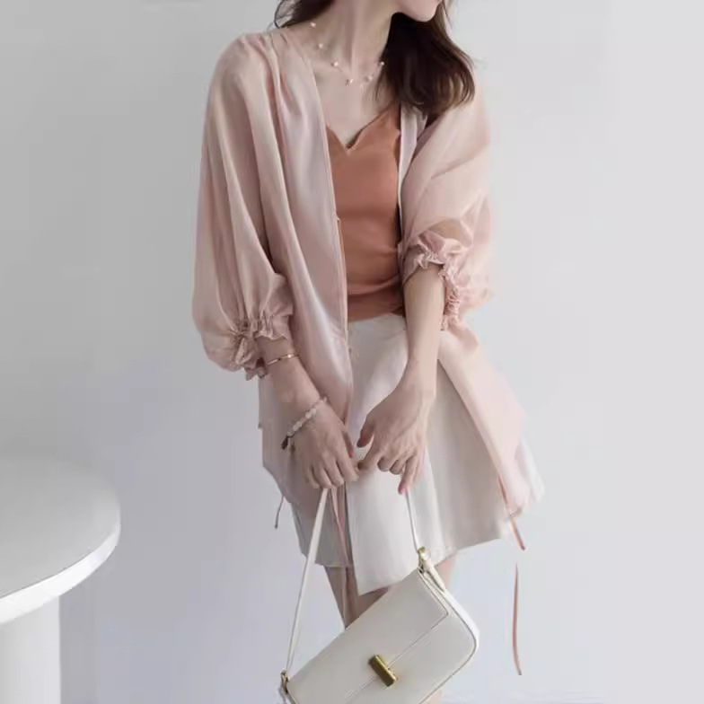 天絲輕薄繫帶開襟衫防曬外套百搭雪紡燈籠袖襯衣
