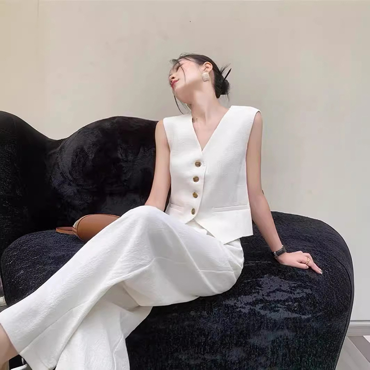 法式白色兩件式時尚氣質無袖馬甲+高腰寬褲