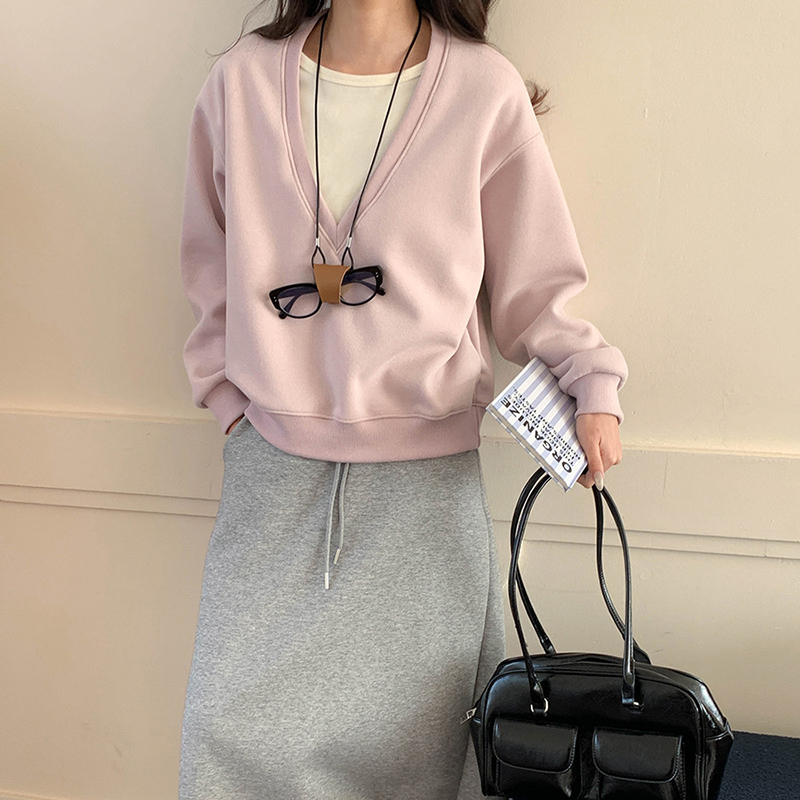 早春慵懶風寬鬆V領假兩件衛衣