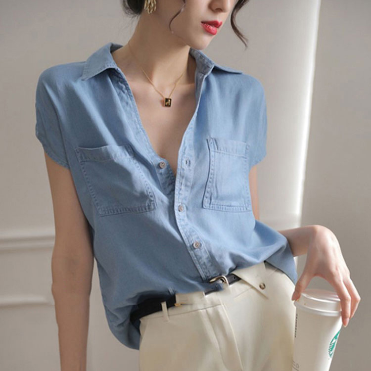 設計感小眾復古氣質上衣天絲牛仔襯衫短袖