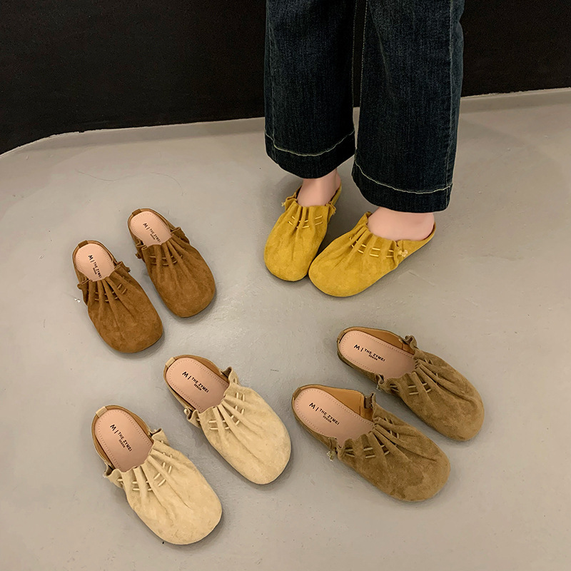 韓系通勤復古褶皺溫柔包頭半拖鞋