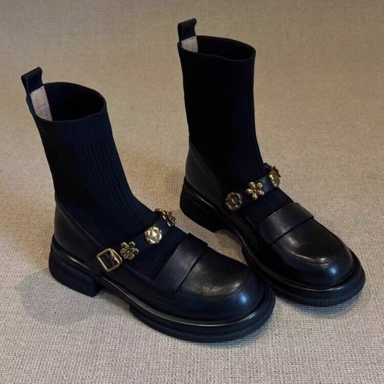 秋冬新款增高厚底圓頭學院風短靴