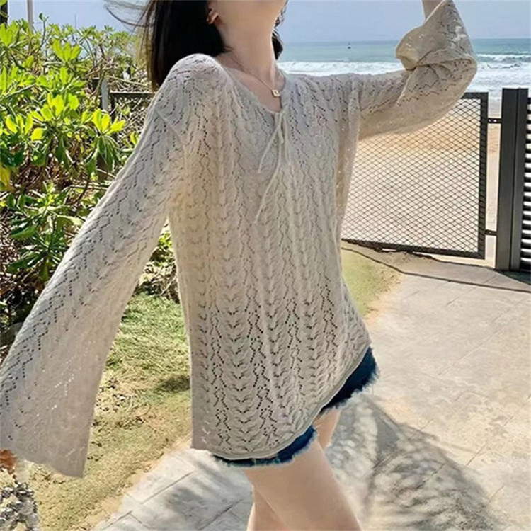 韓國版復古洋氣氣質寬鬆百搭長袖V領綁帶鏤空防曬罩衫