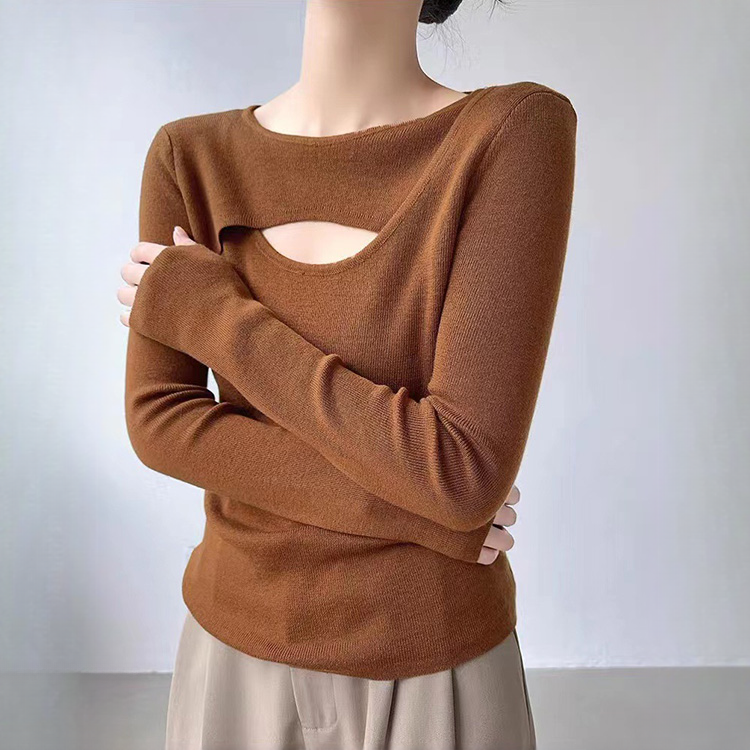 純色圓領軟糯舒適鏤空針織衫