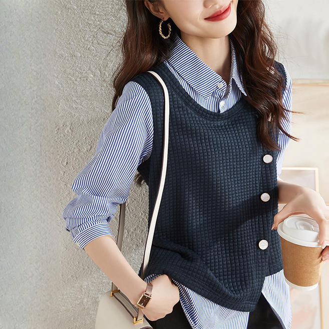 假兩件拼接不規則感通勤職業條紋襯衫