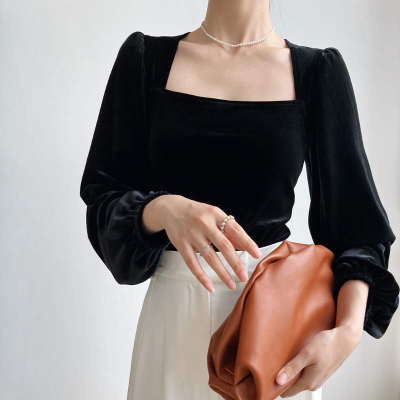 黑色金絲絨大方領氣質小衫