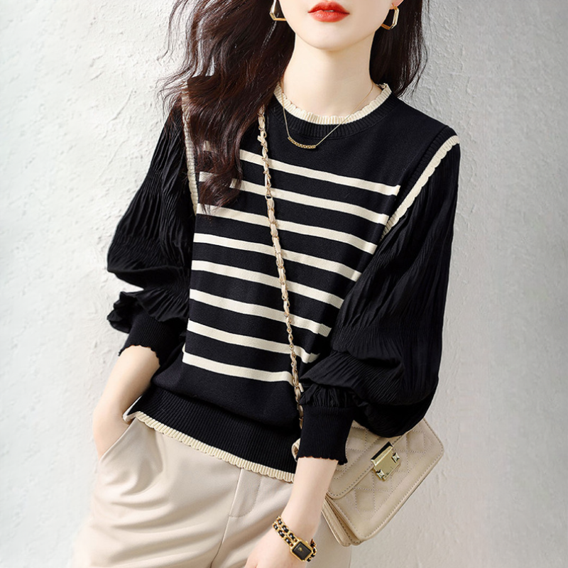 通勤百搭條紋燈籠袖針織衫