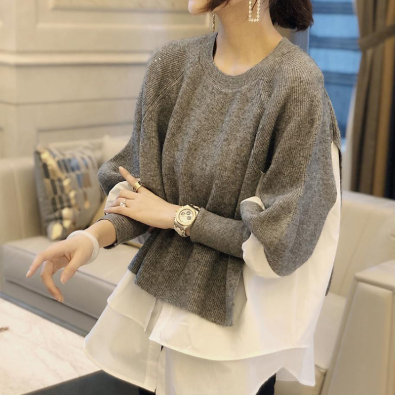 假兩件拼接圓領寬鬆針織襯衫