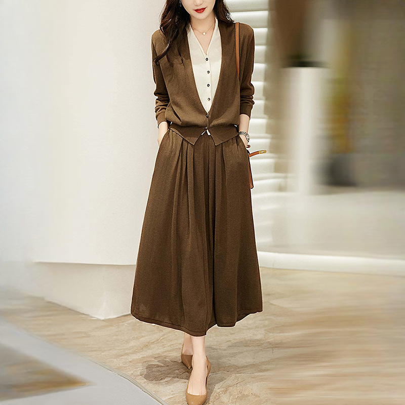 溫柔感混紡假兩件毛衣開衫/半裙套裝