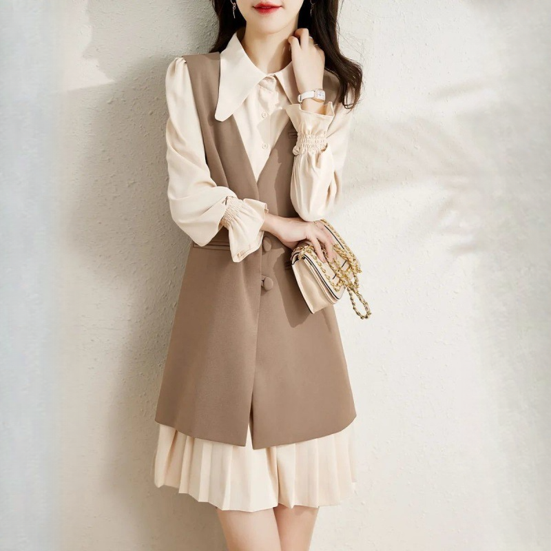 馬甲中長款長袖洋裝兩件套時尚套裝裙