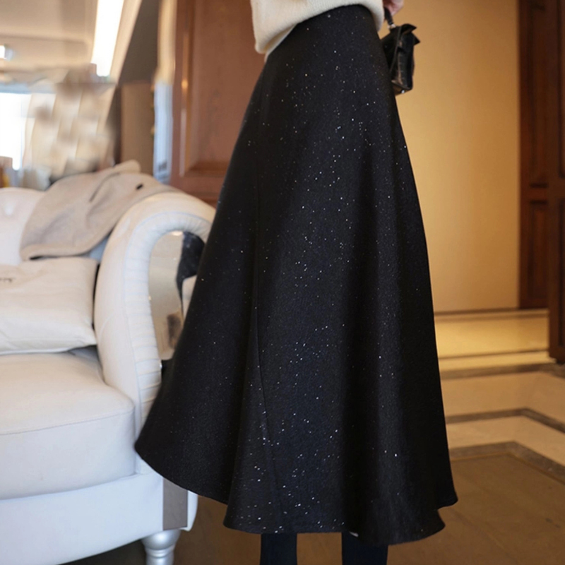 赫本風高腰顯瘦大擺中長裙黑色半身裙