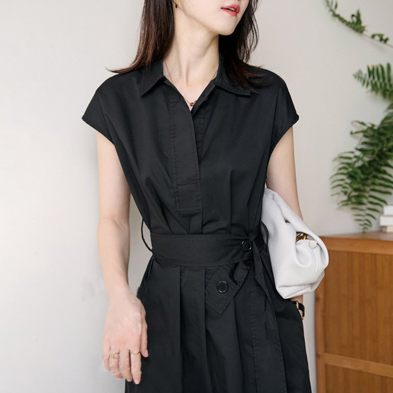 黑色連衣裙氣質襯衫裙知性復古法式中長裙