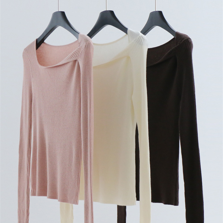 羊毛混紡坑條長袖小眾設計針織衫（7色）